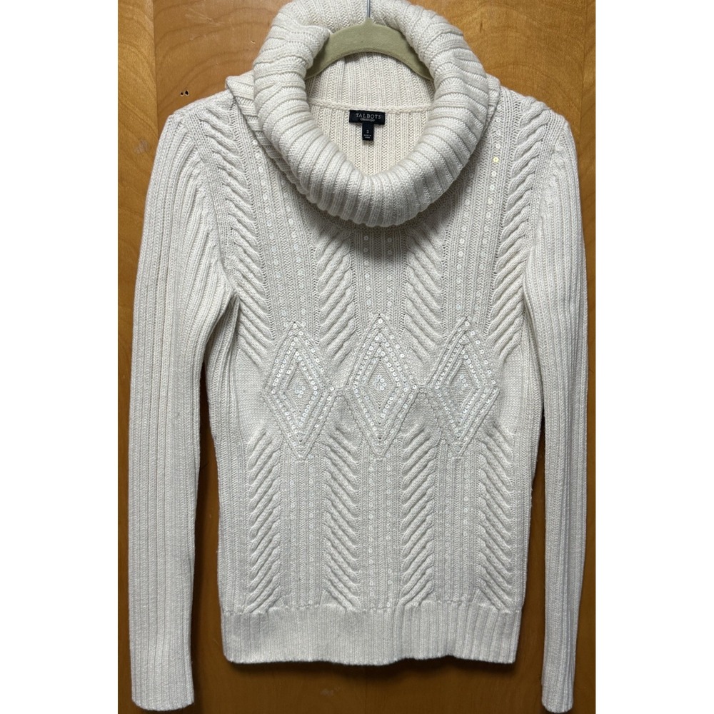 Talbots Wool Blend Cowl Neck Cable Knit Sequin Ribbed Sweater Cream Sz S